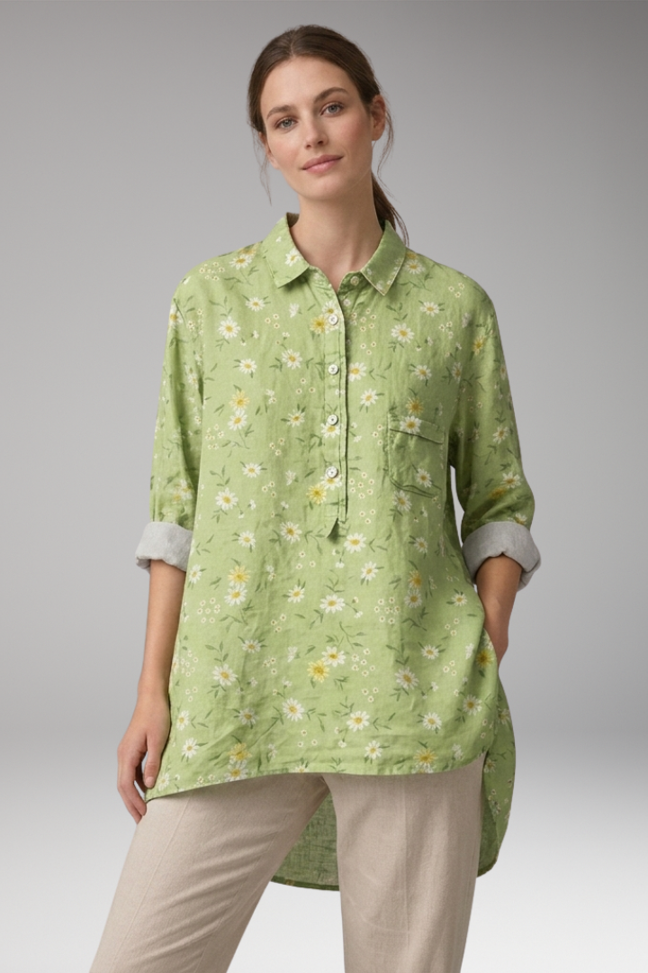 Women’s Button-Down Shirt with Floral Print and Rolled Sleeves