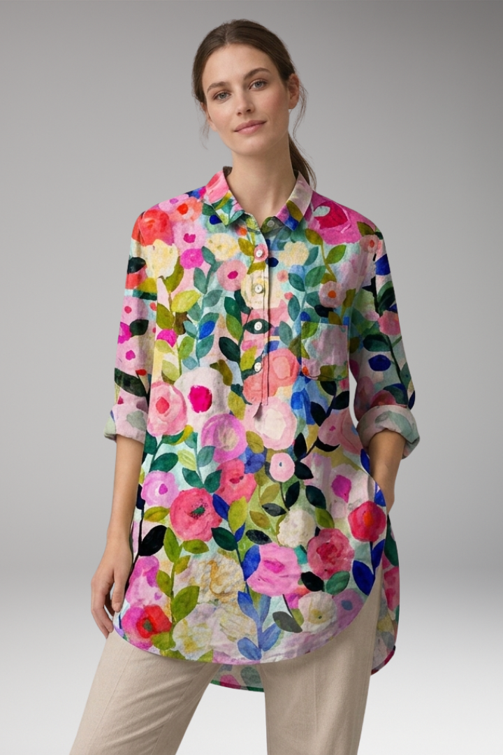 Women’s Button-Down Shirt with Floral Print and Rolled Sleeves
