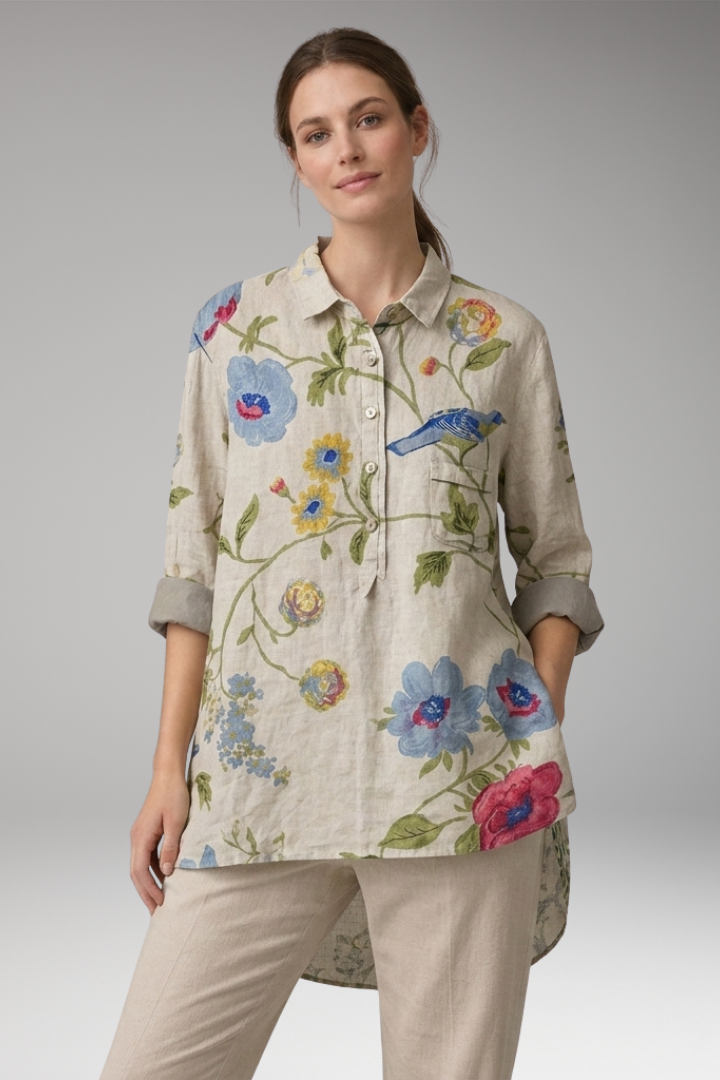 Women’s Button-Down Shirt with Floral Print and Rolled Sleeves