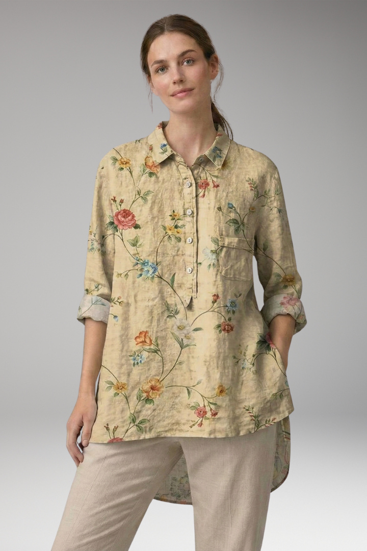 Women’s Button-Down Shirt with Floral Print and Rolled Sleeves