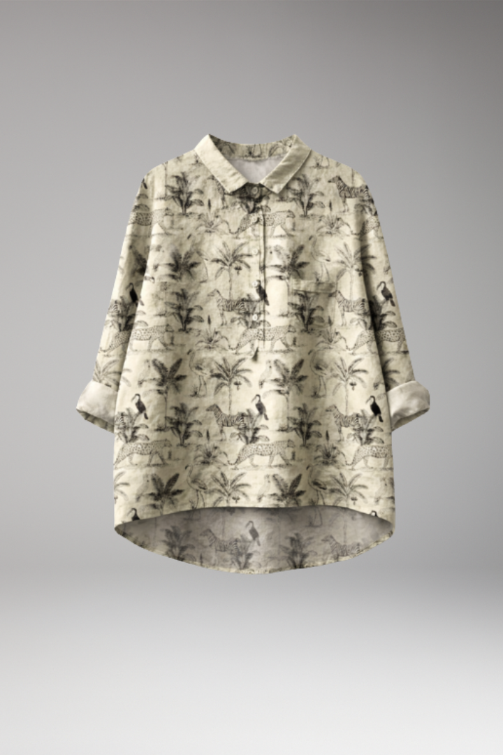 Women’s Button-Down Shirt with Floral Print and Rolled Sleeves