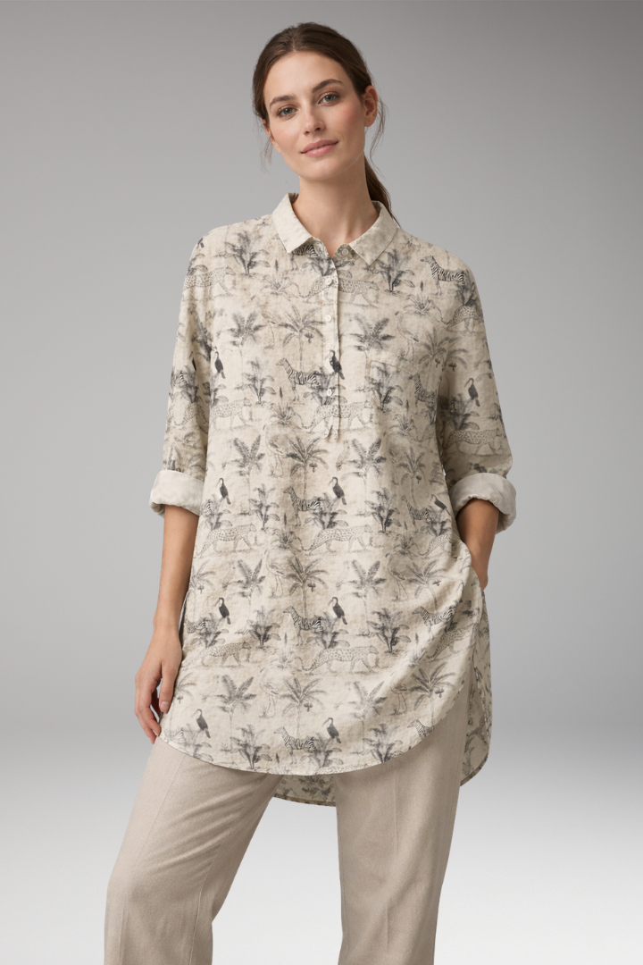 Women’s Button-Down Shirt with Floral Print and Rolled Sleeves