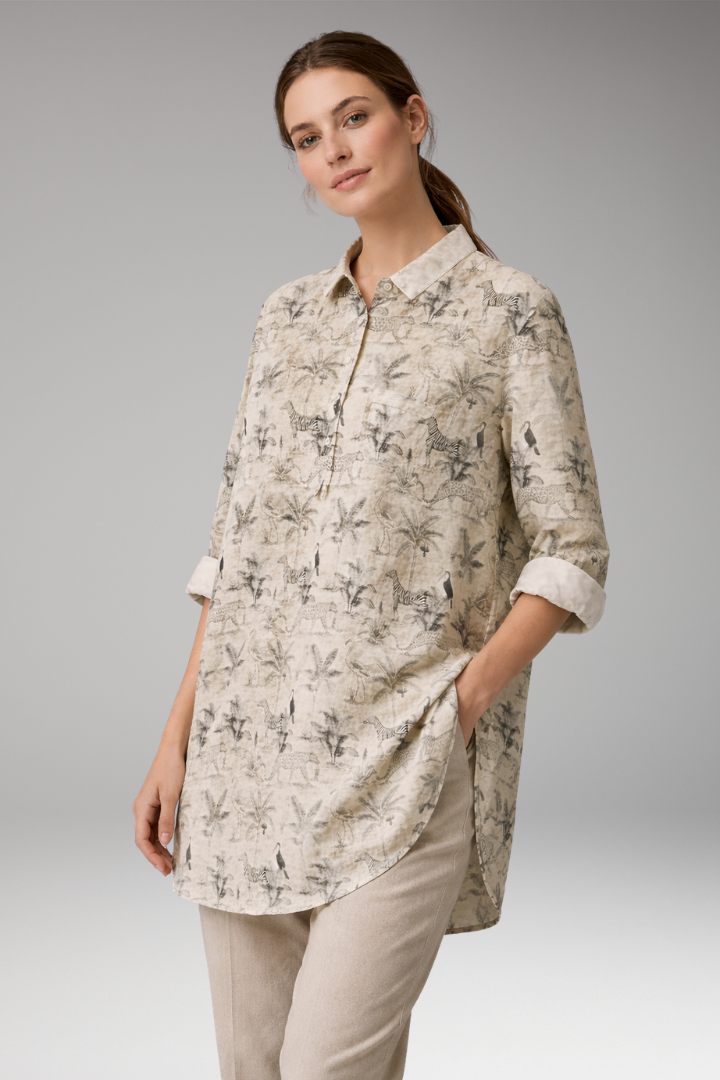 Women’s Button-Down Shirt with Floral Print and Rolled Sleeves