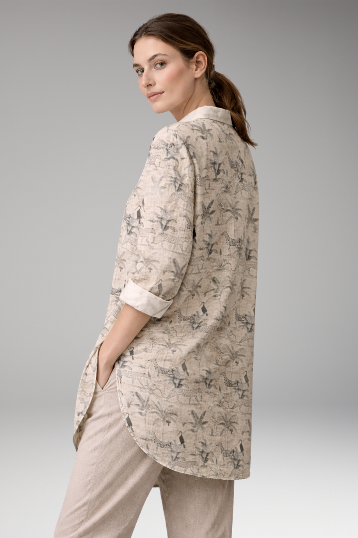 Women’s Button-Down Shirt with Floral Print and Rolled Sleeves