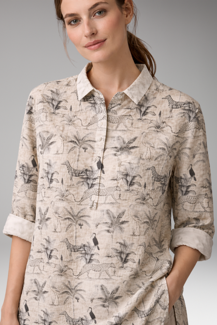 Women’s Button-Down Shirt with Floral Print and Rolled Sleeves