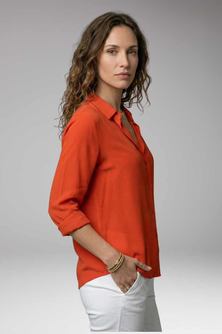 Women's Button-Down Shirt with Rolled Sleeves and Collared Design