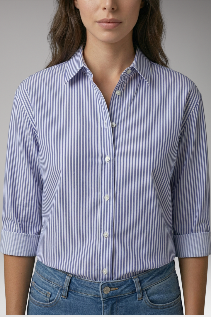 Women's Button-Down Shirt with Striped Design and Rolled Sleeves
