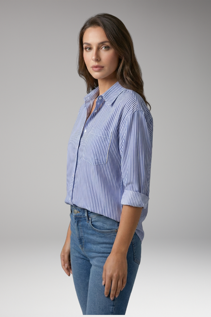 Women's Button-Down Shirt with Striped Design and Rolled Sleeves