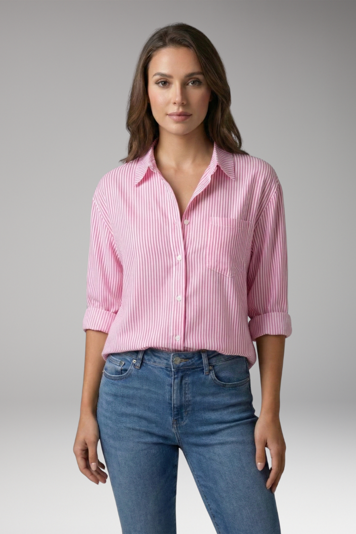 Women's Button-Down Shirt with Striped Design and Rolled Sleeves