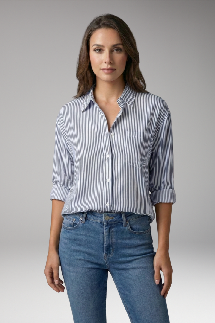 Women's Button-Down Shirt with Striped Design and Rolled Sleeves
