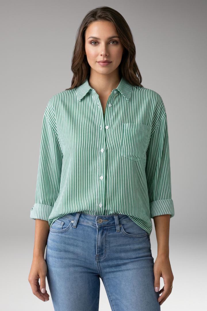 Women's Button-Down Shirt with Striped Design and Rolled Sleeves