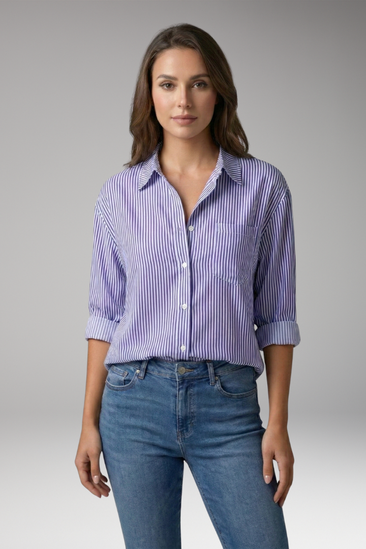 Women's Button-Down Shirt with Striped Design and Rolled Sleeves