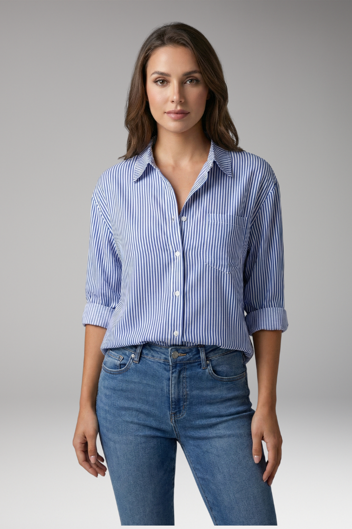 Women's Button-Down Shirt with Striped Design and Rolled Sleeves