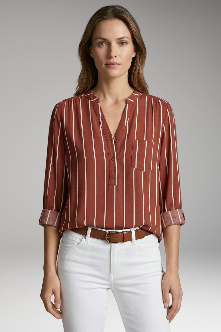 Women's Button-Down Shirt with Striped Pattern and Rolled-Up Sleeves
