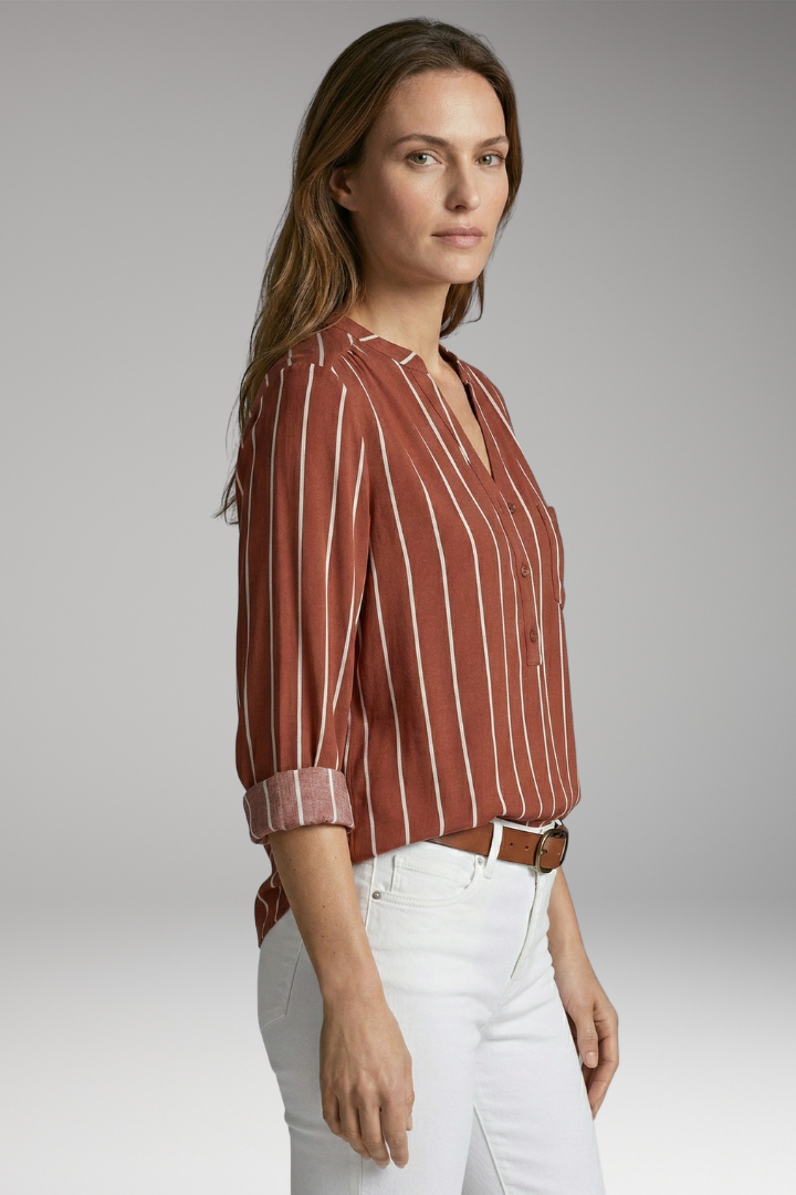 Women's Button-Down Shirt with Striped Pattern and Rolled-Up Sleeves
