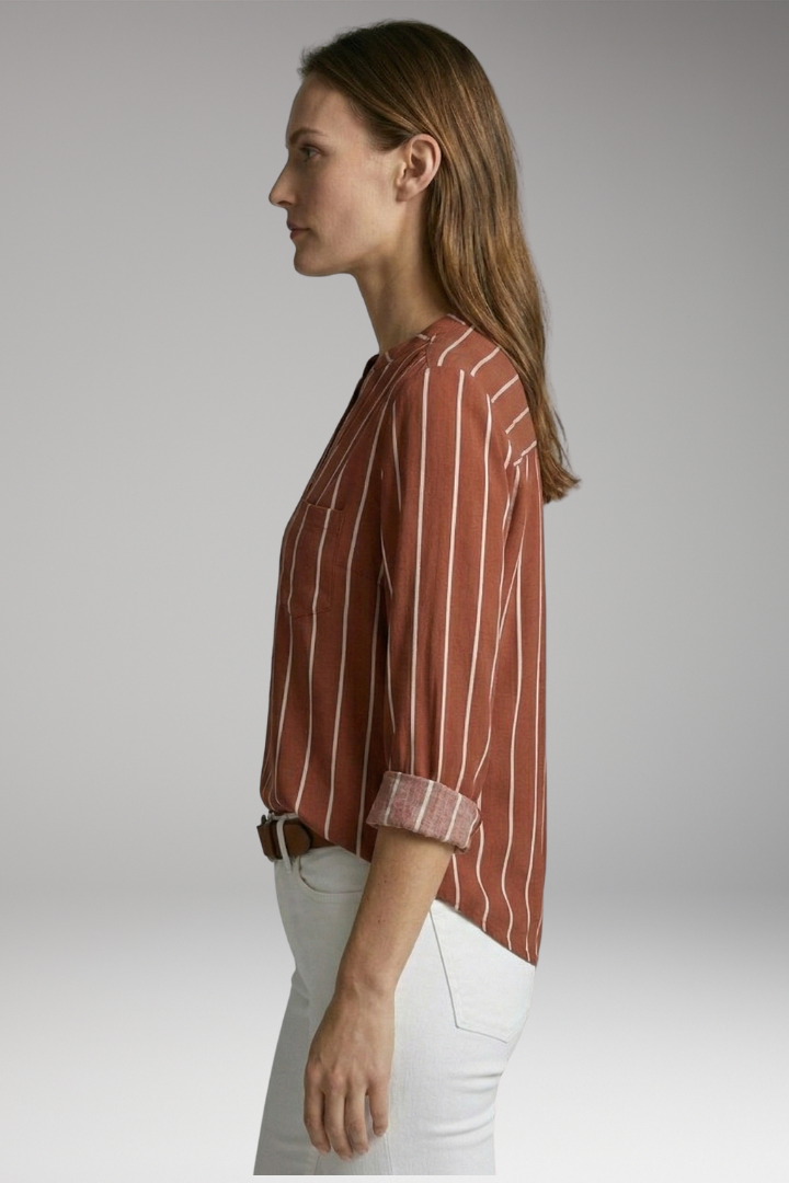 Women's Button-Down Shirt with Striped Pattern and Rolled-Up Sleeves