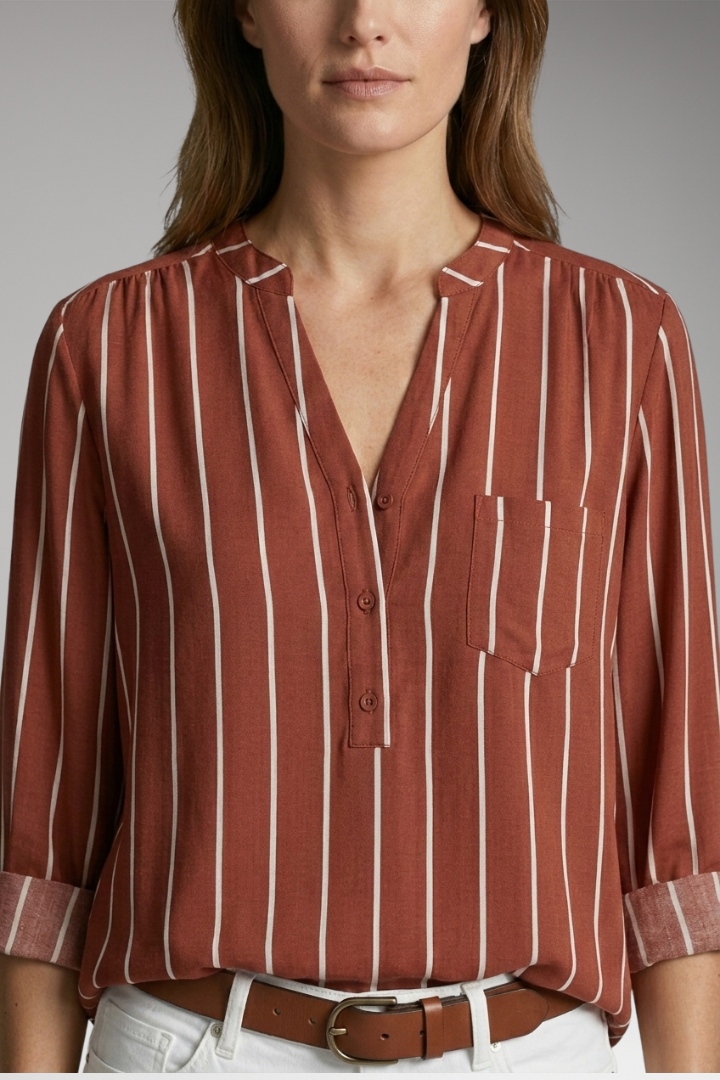 Women's Button-Down Shirt with Striped Pattern and Rolled-Up Sleeves