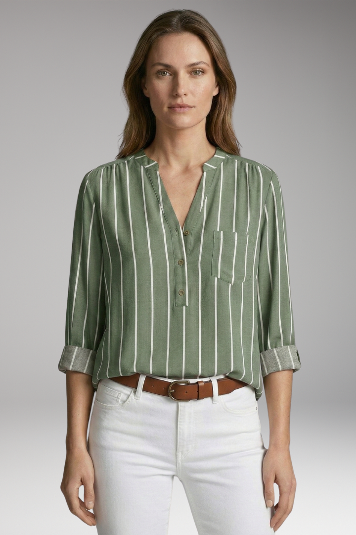 Women's Button-Down Shirt with Striped Pattern and Rolled-Up Sleeves