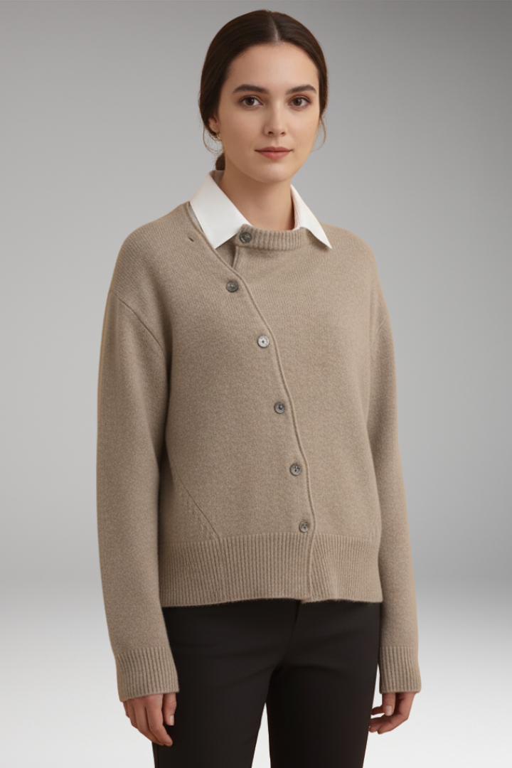Women’s Cardigan with Asymmetrical Buttons and Long Sleeves