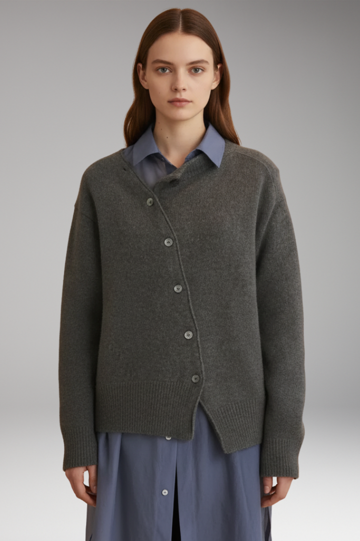 Women’s Cardigan with Asymmetrical Buttons and Long Sleeves