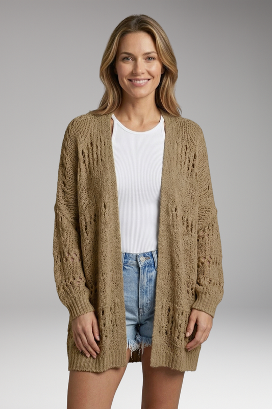 Women's Cardigan with Open-Knit Pattern and Oversized Fit
