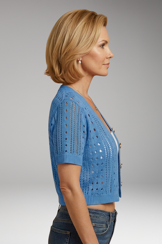 Women's Cardigan with Short Sleeves and Hollow Knit Surface