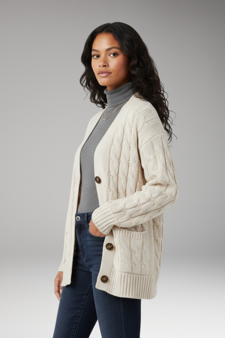Women’s Cardigan with V-Neckline and Textured Surface