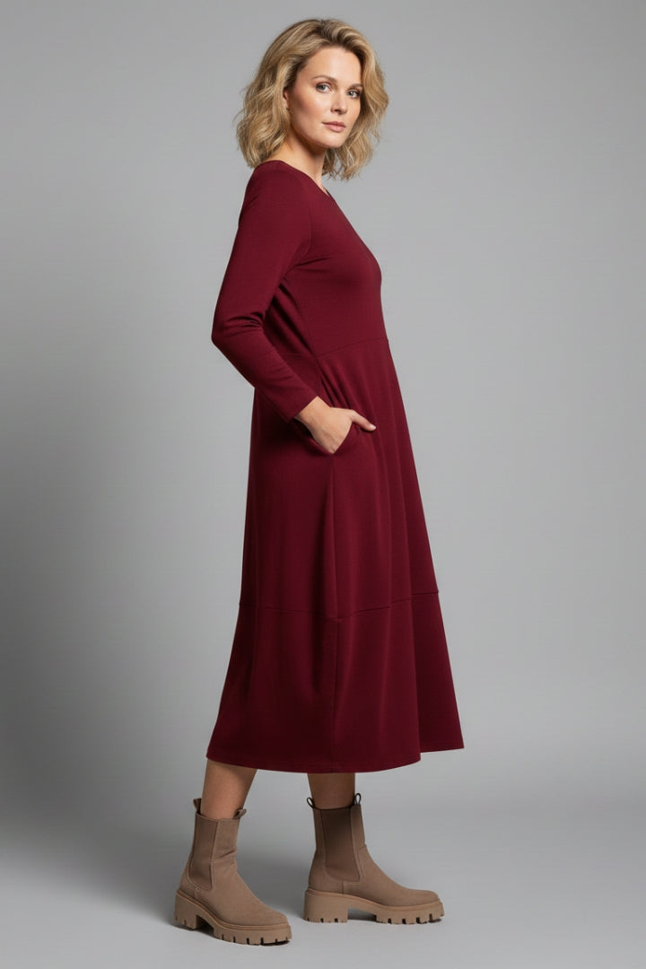 Women's Casual A-line Dress with Round Neck and Long Sleeves
