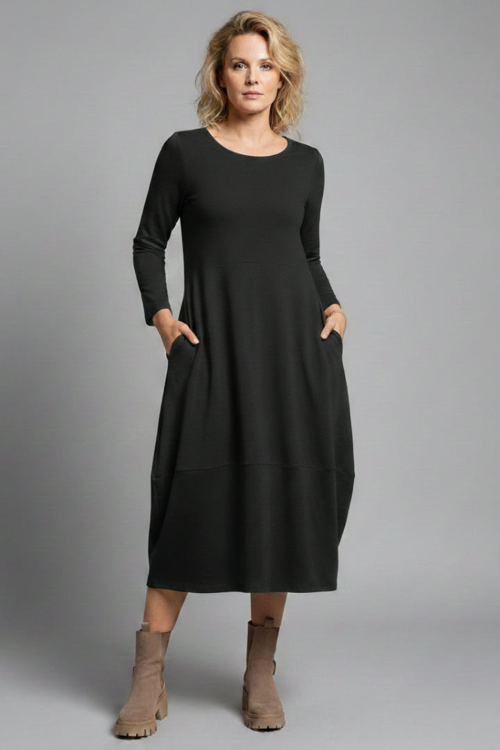 Women's Casual A-line Dress with Round Neck and Long Sleeves