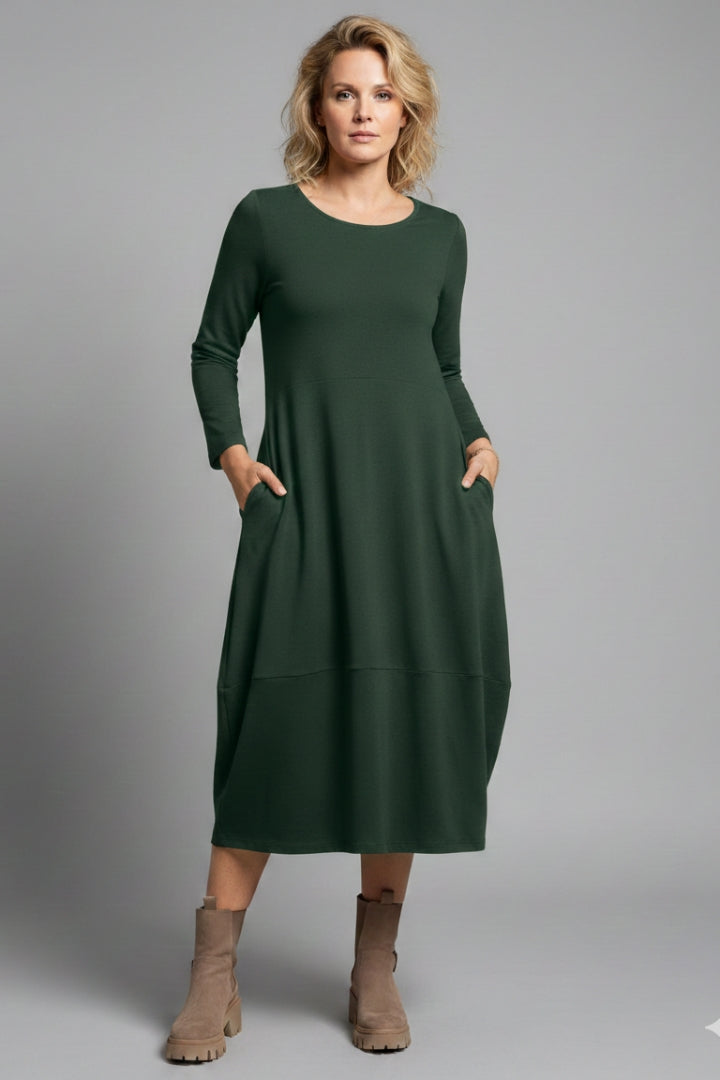 Women's Casual A-line Dress with Round Neck and Long Sleeves