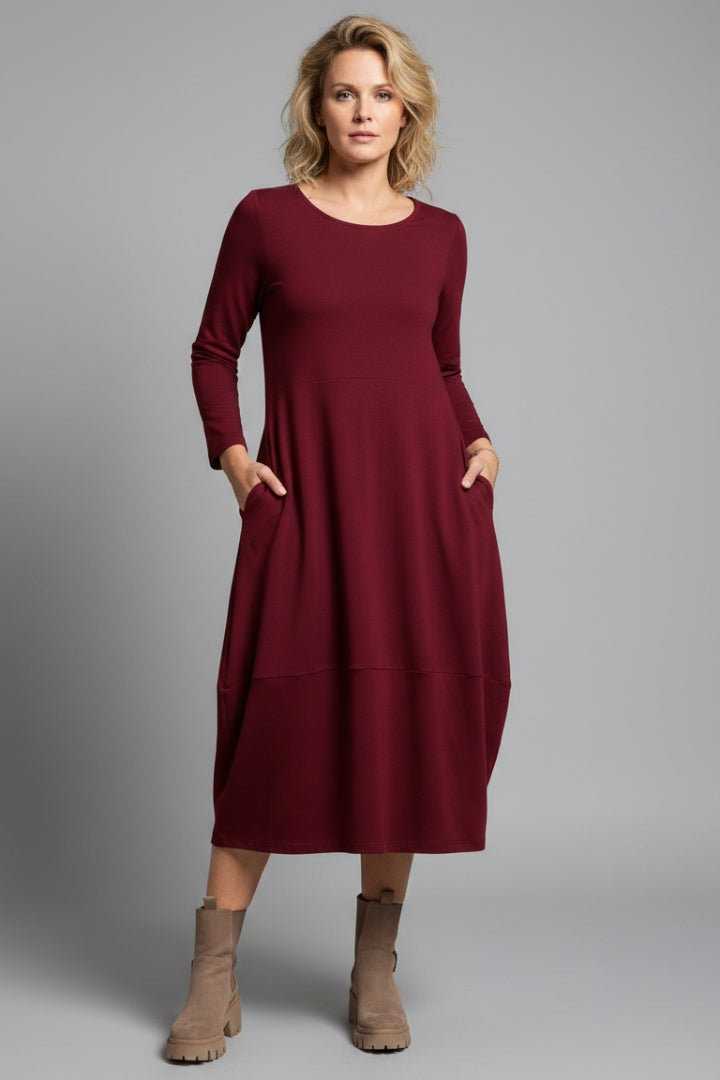 Women's Casual A-line Dress with Round Neck and Long Sleeves