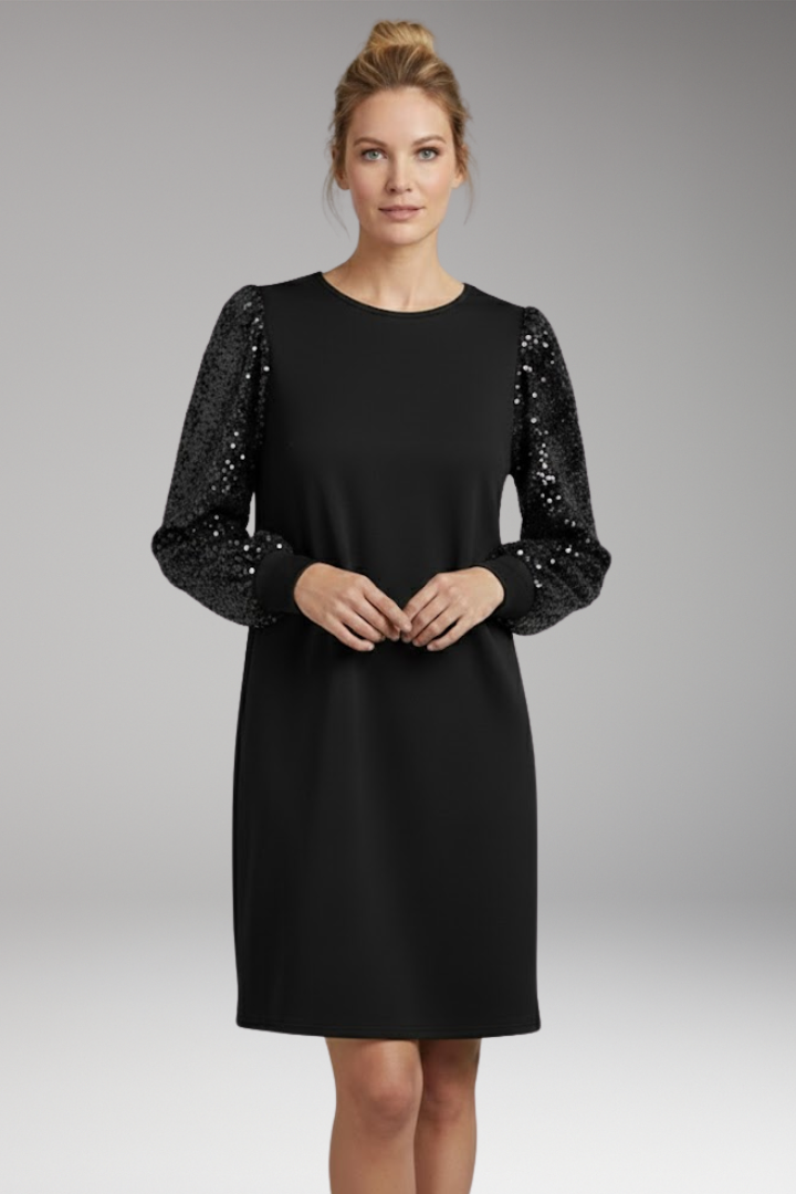 Women’s Casual Dress with Glittering Sleeves and Relaxed Fit