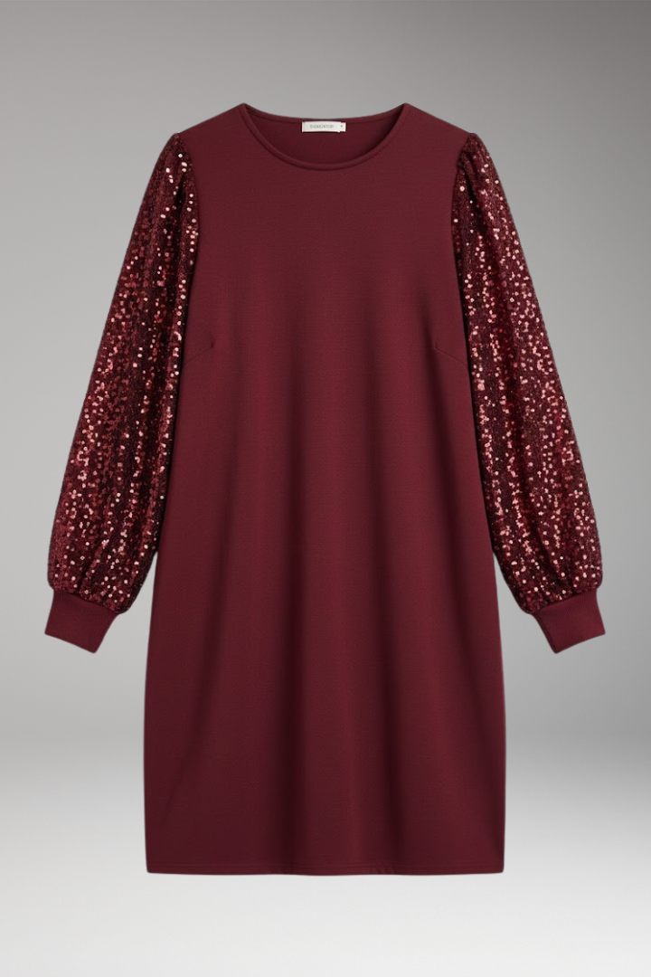 Women’s Casual Dress with Glittering Sleeves and Relaxed Fit
