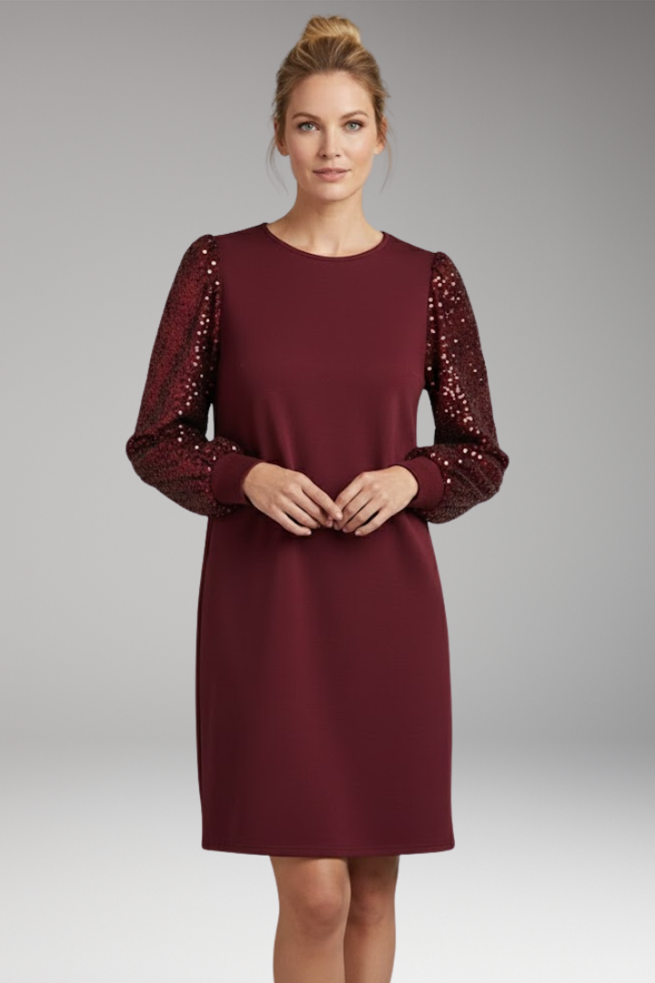 Women’s Casual Dress with Glittering Sleeves and Relaxed Fit