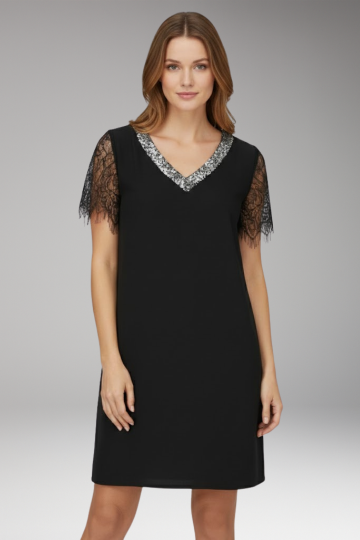 Women's Casual Dress with Lace and Sequin Detail and V-Neck