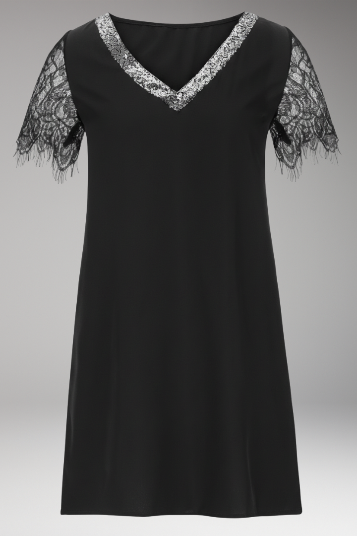 Women's Casual Dress with Lace and Sequin Detail and V-Neck