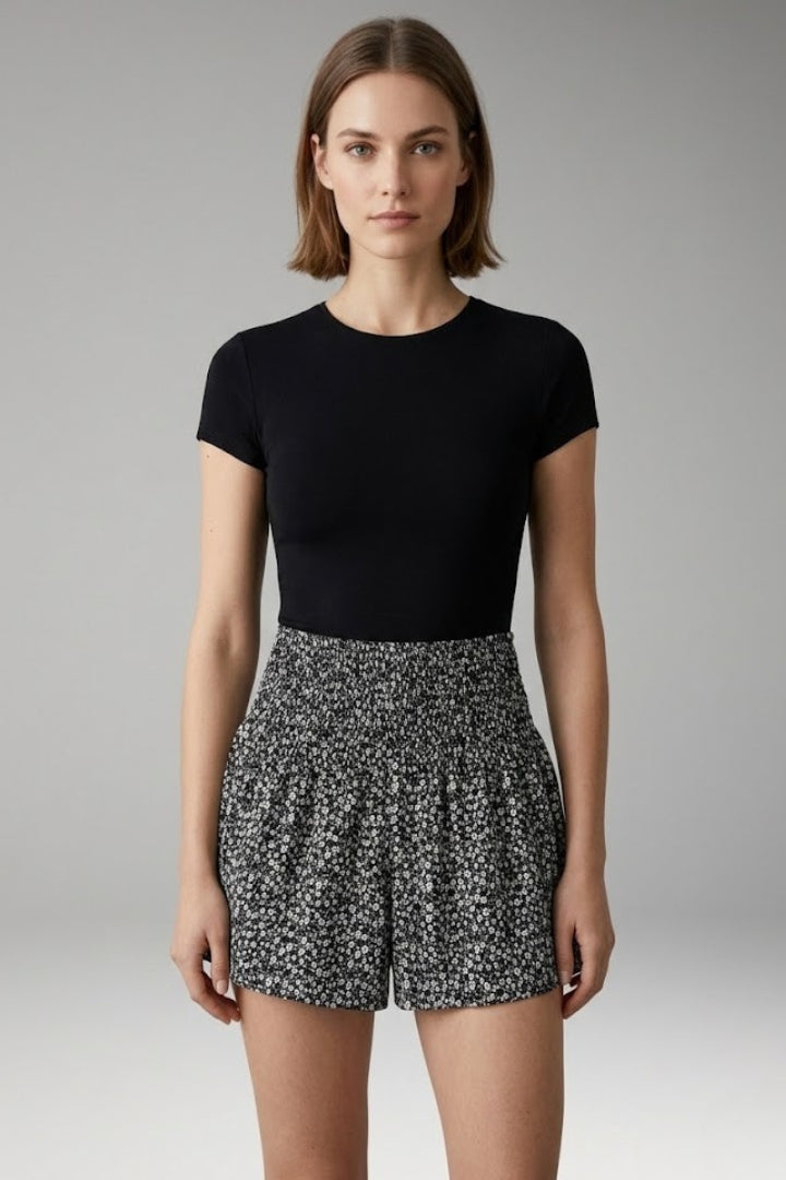 Women's Casual Shorts with Smocked Waistband and Floral Print