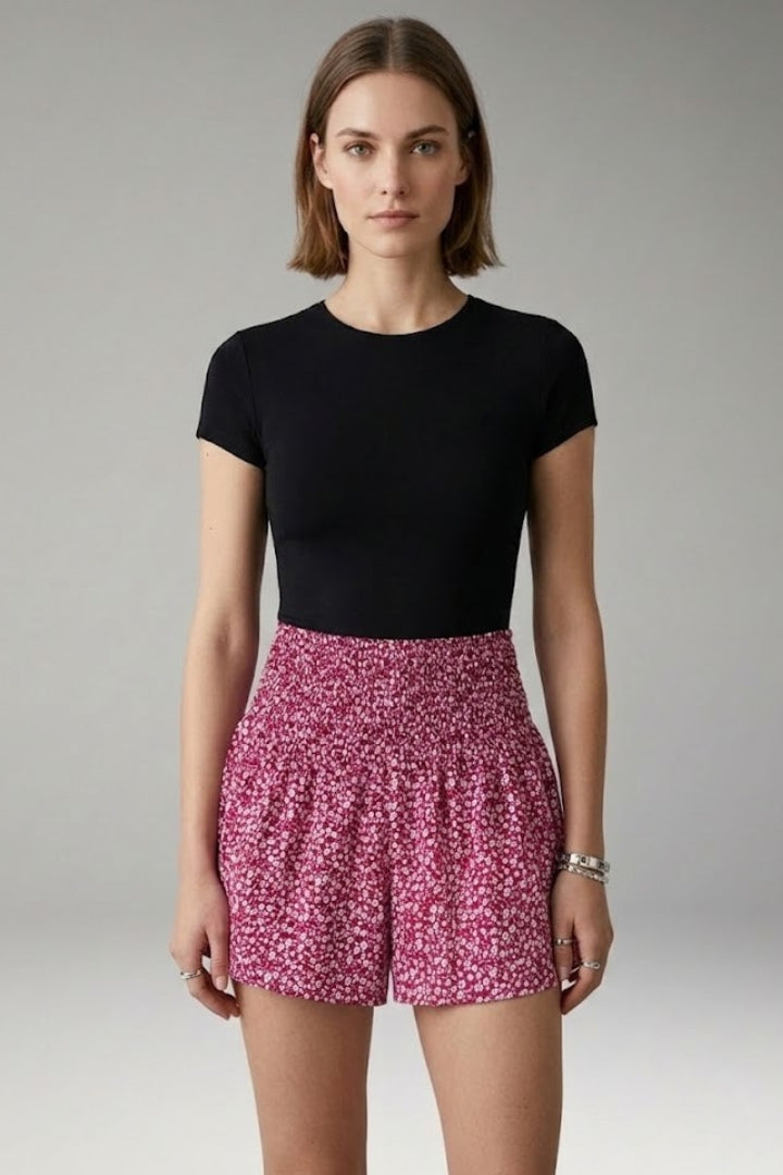 Women's Casual Shorts with Smocked Waistband and Floral Print