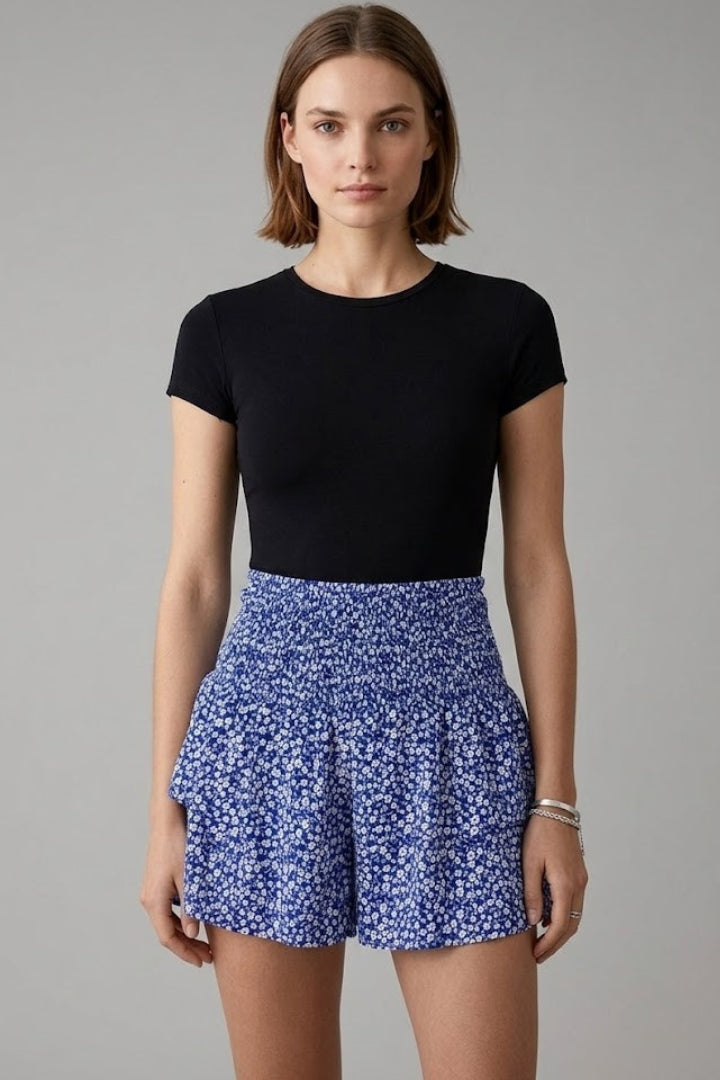 Women's Casual Shorts with Smocked Waistband and Floral Print