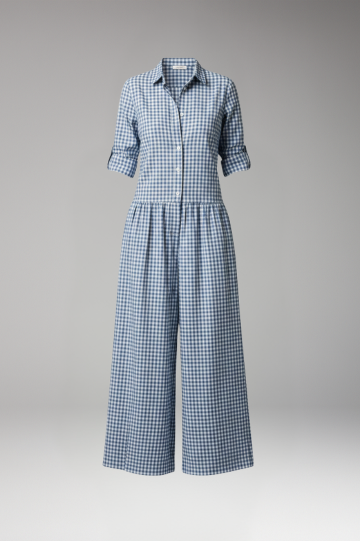 Women's Checked Jumpsuit with Collar and Wide Legs