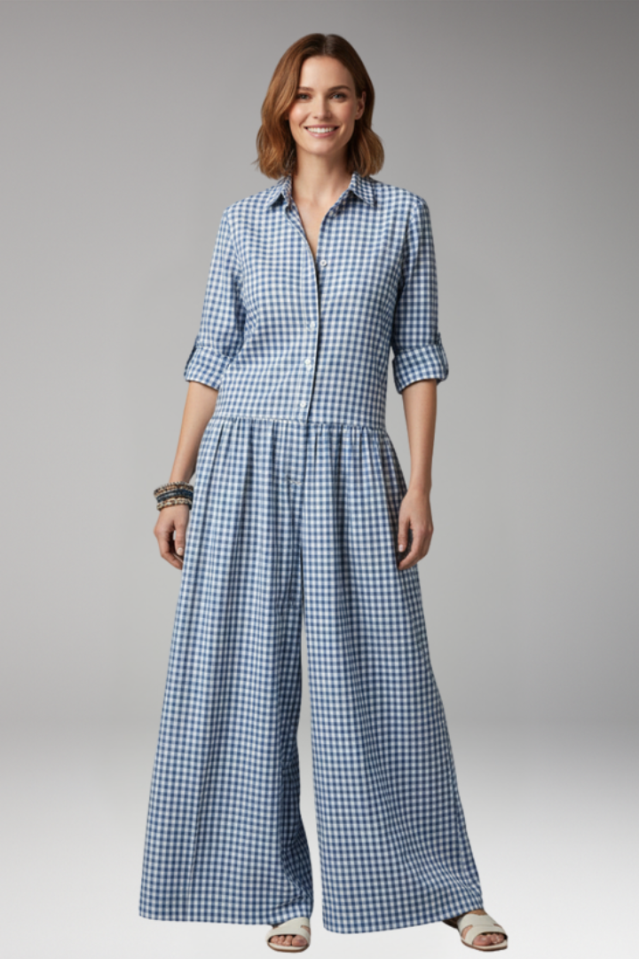 Women's Checked Jumpsuit with Collar and Wide Legs