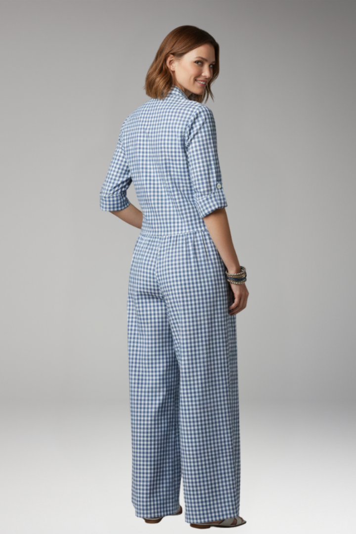 Women's Checked Jumpsuit with Collar and Wide Legs