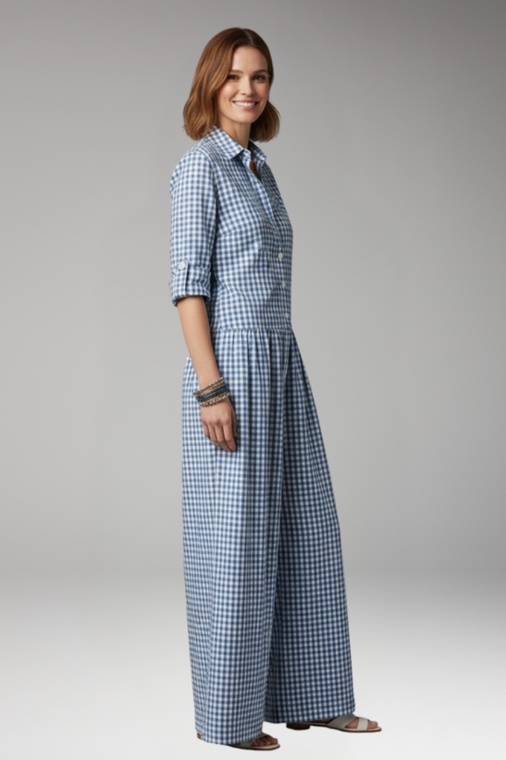 Women's Checked Jumpsuit with Collar and Wide Legs