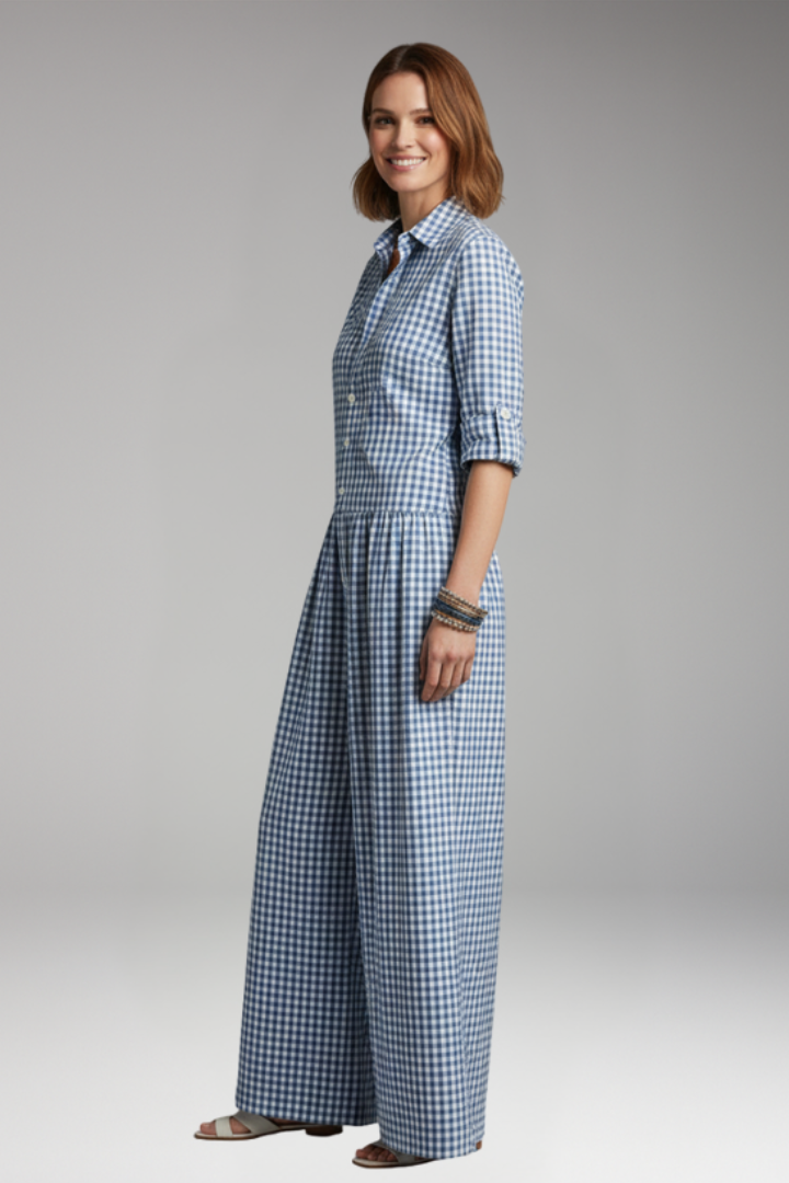 Women's Checked Jumpsuit with Collar and Wide Legs
