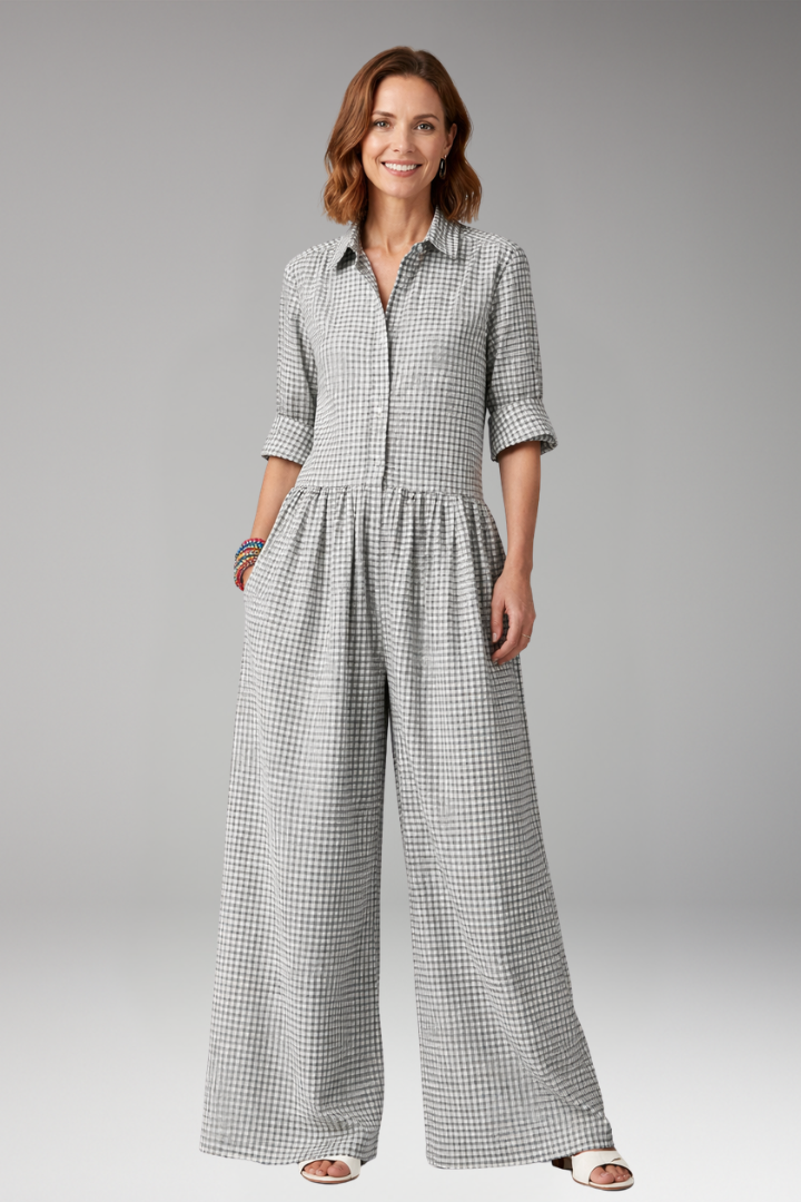 Women's Checked Jumpsuit with Collar and Wide Legs