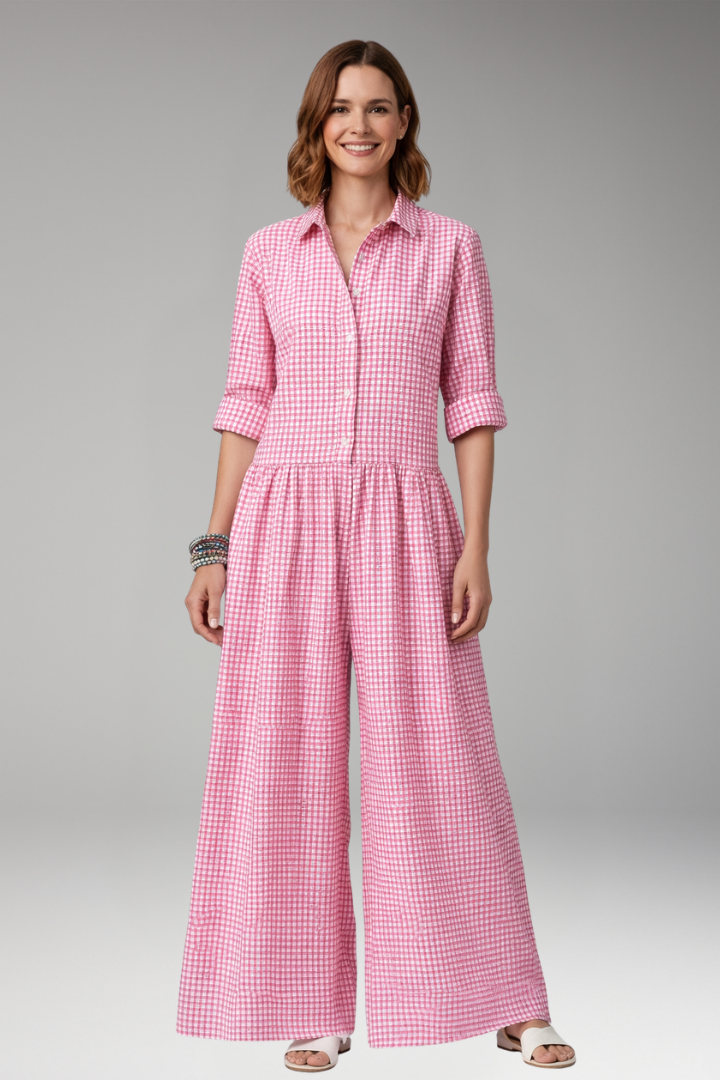 Women's Checked Jumpsuit with Collar and Wide Legs