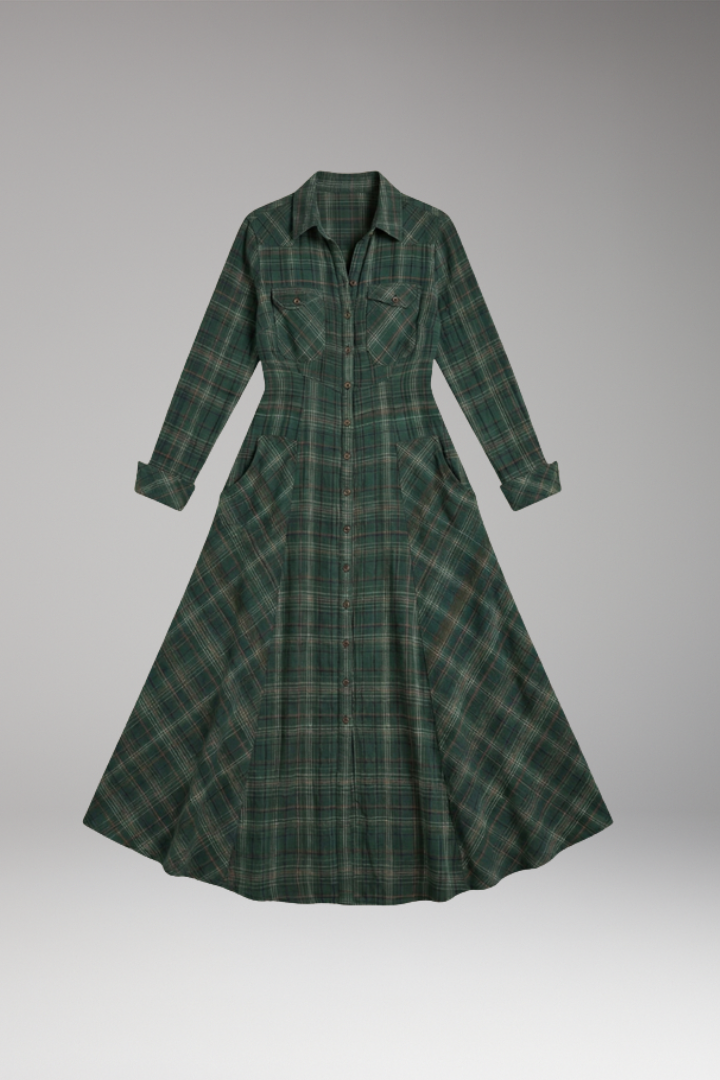 Women's Checkered Maxi Dress with Pockets and Buttons