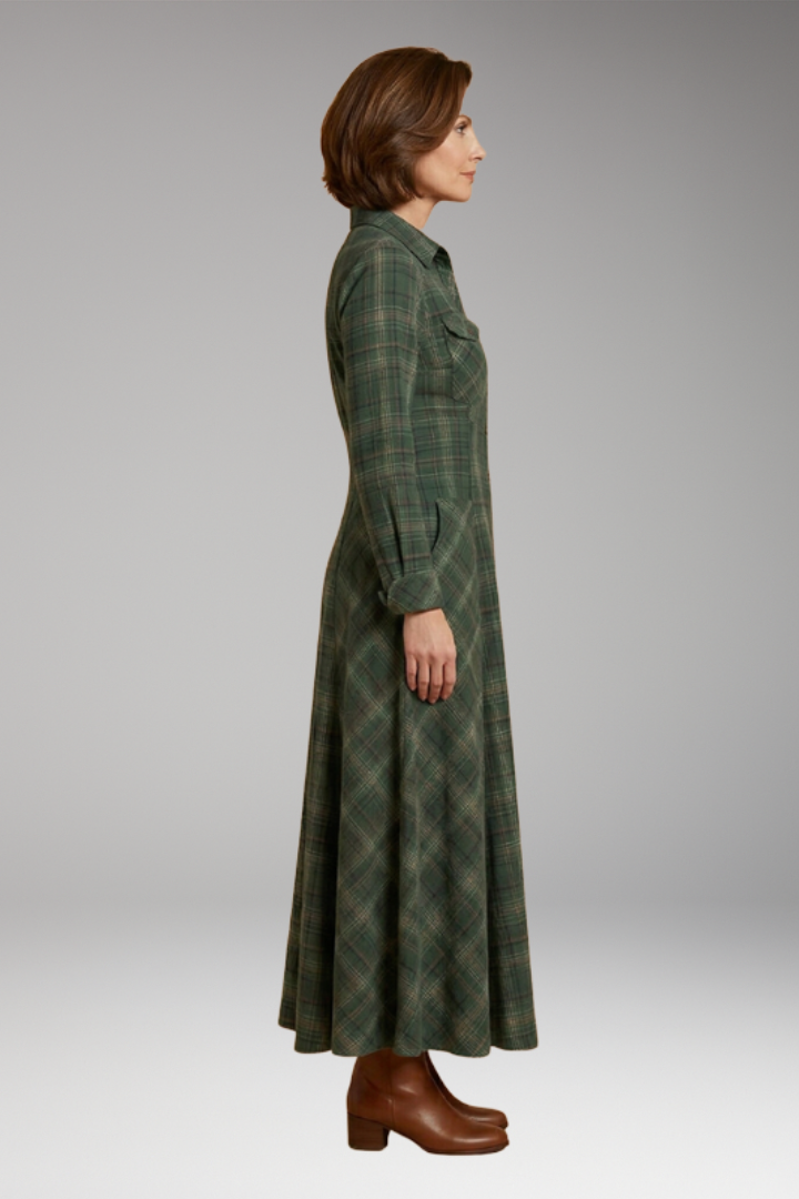 Women's Checkered Maxi Dress with Pockets and Buttons