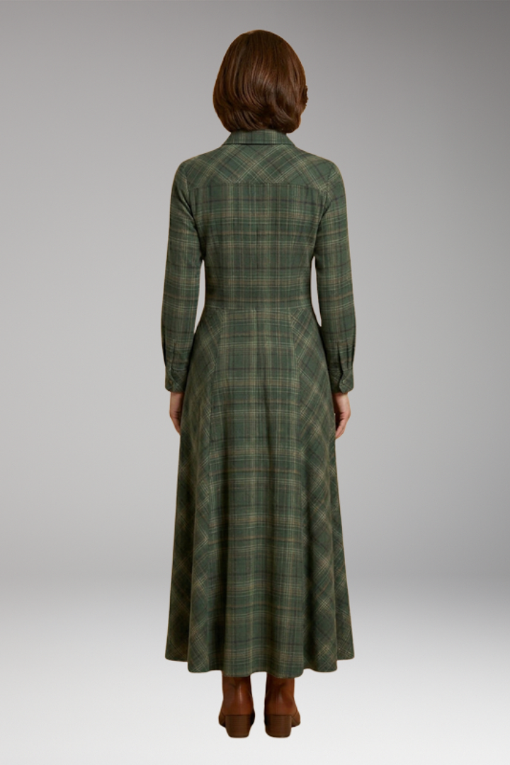 Women's Checkered Maxi Dress with Pockets and Buttons