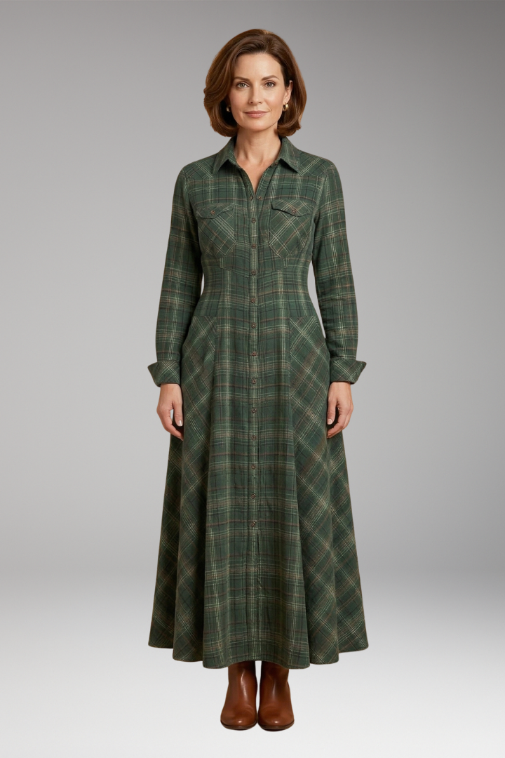 Women's Checkered Maxi Dress with Pockets and Buttons
